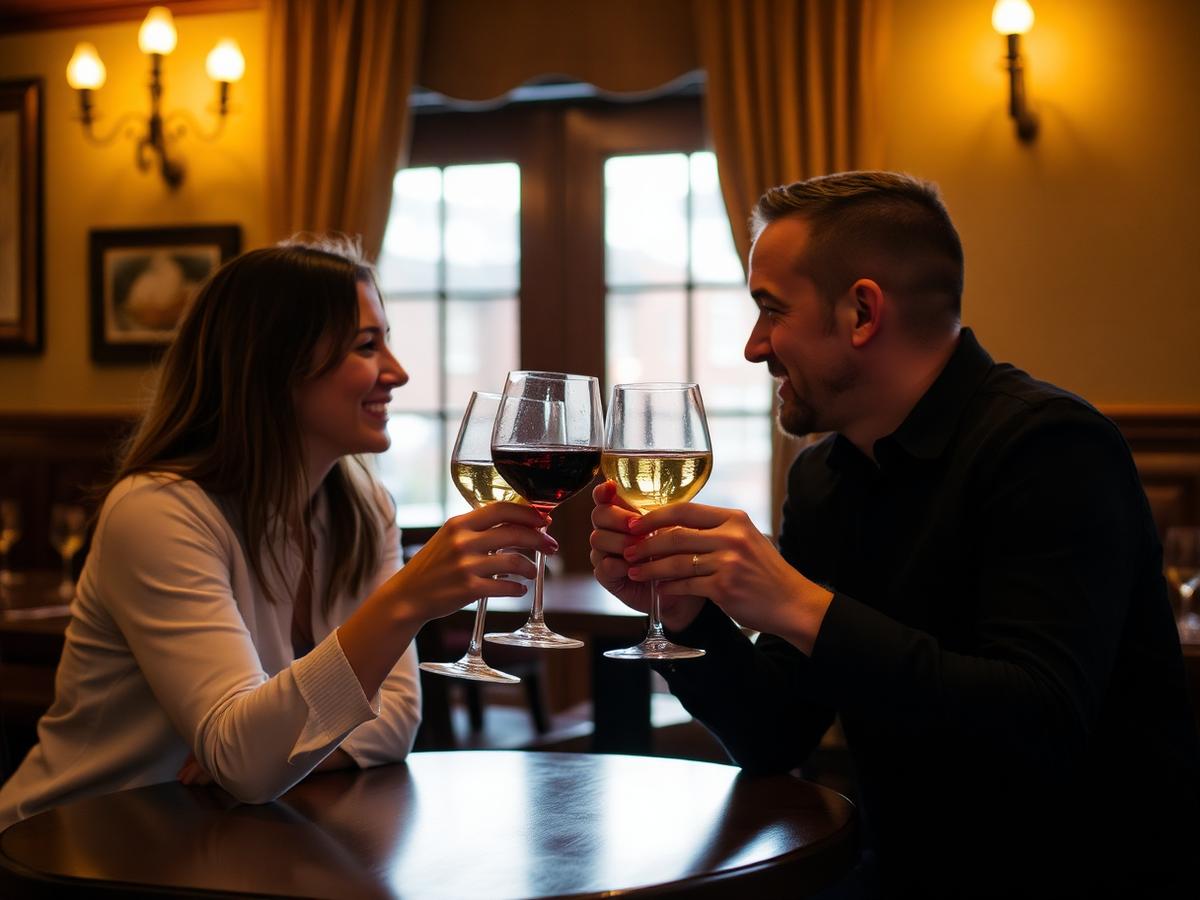 To gæster skåler med vin ved et bord på en hyggelig restaurant