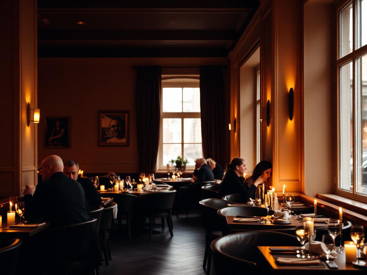 Stemningsfyldt spisesal på en københavnsk restaurant med levende lys og gæster ved bordene